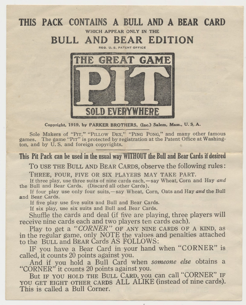 circ. 1900's Parker Brothers PIT card game with 53 cards plus rules and original box  #*sku37147