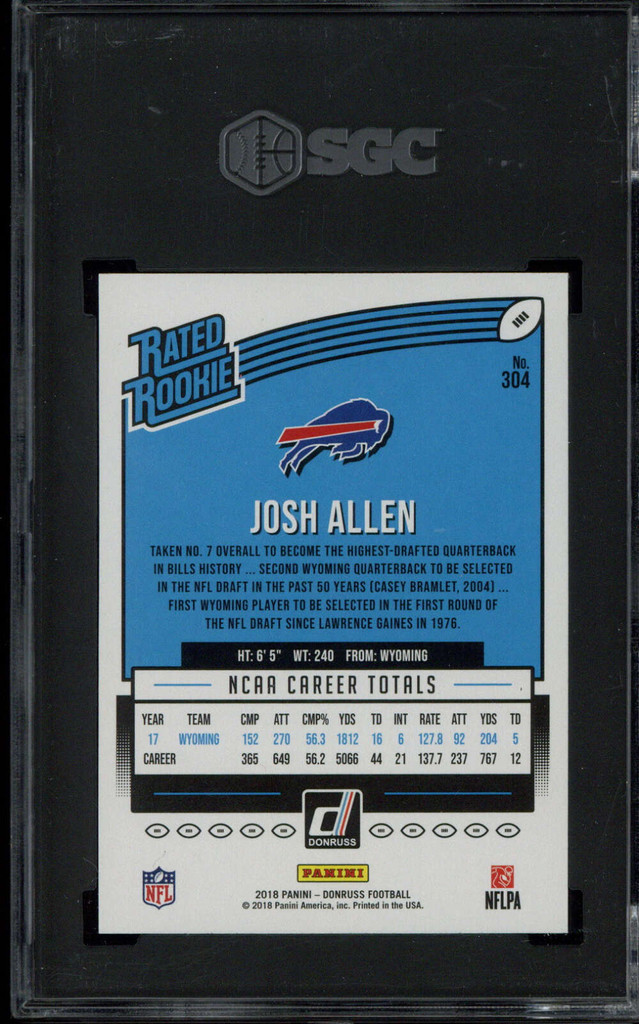 2018 Donruss Panini #304 Josh Allen Bills SGC 10 Gem Mint RC