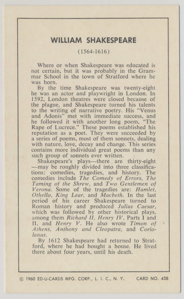 1960 Ed-U-Card William Shakespeare  #*sku37153
