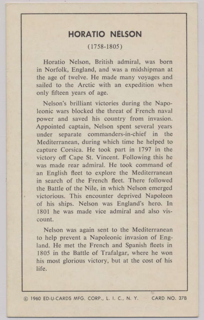 1960 Ed-U-Card Horatio Nelson  #*sku37154