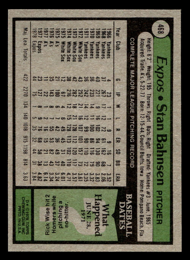 1979 Topps #468 Stan Bahnsen DP Ex-Mint 