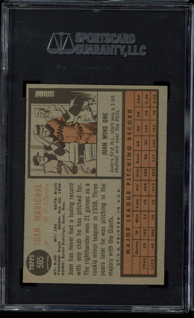 1962 Topps #505 Juan Marichal Giants SGC 7 Near Mint