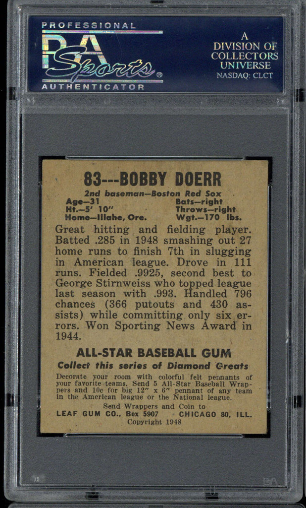 1948 Leaf #83 Bobby Doerr Red Sox PSA 4 VG-EX