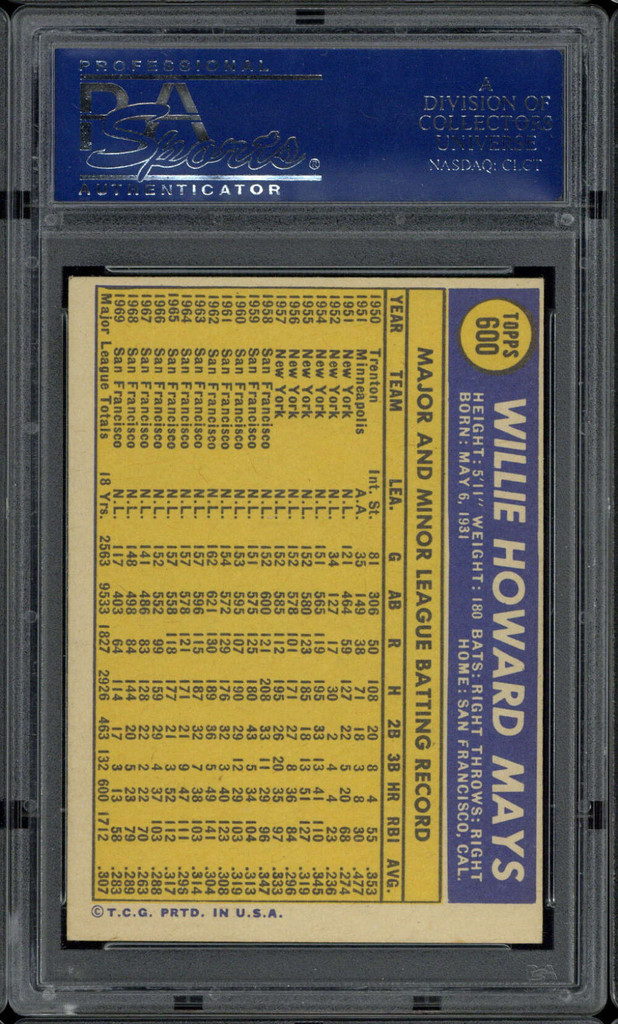 1970 Topps #600 Willie Mays Giants PSA 6 EX-Mint