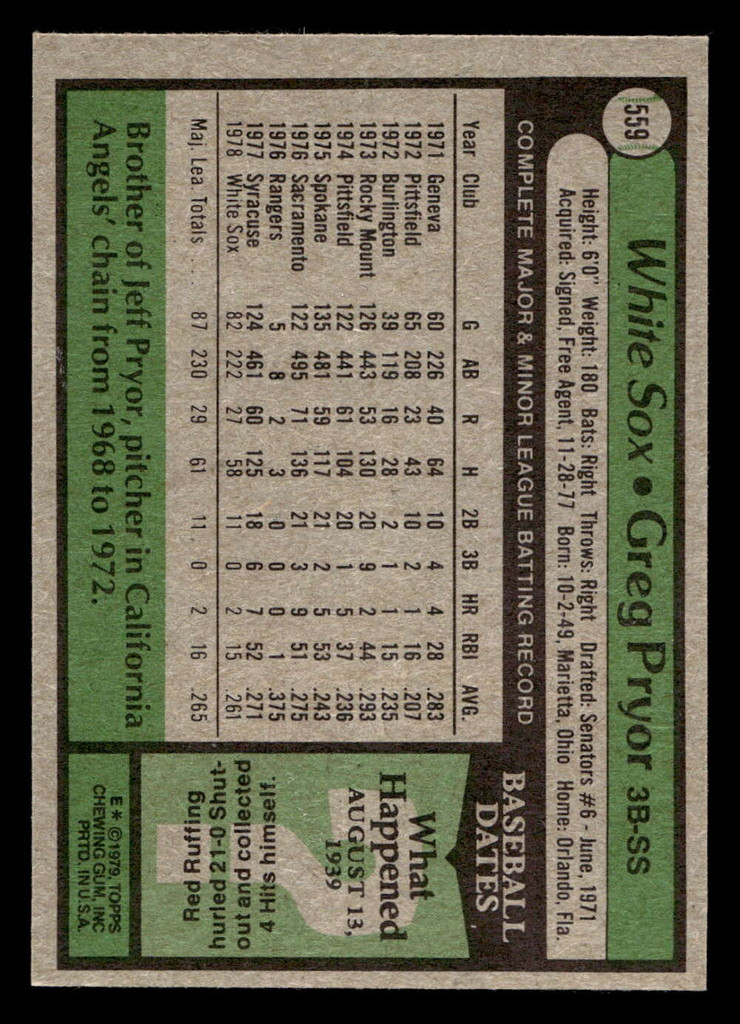 1979 Topps #559 Greg Pryor Near Mint RC Rookie  ID: 515099