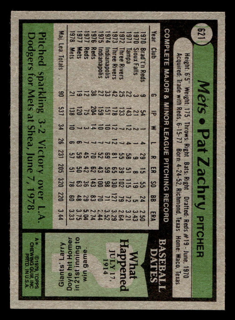 1979 Topps #621 Pat Zachry Near Mint+ 