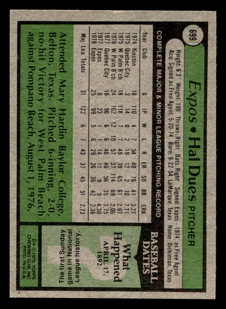 1979 Topps #699 Hal Dues Ex-Mint RC Rookie 
