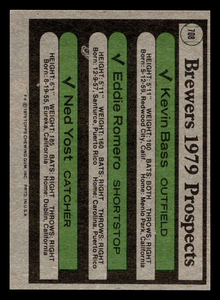 1979 Topps #708 Kevin Bass/Ed Romero/Ned Yost Brewers Prospects Near Mint RC Rookie 
