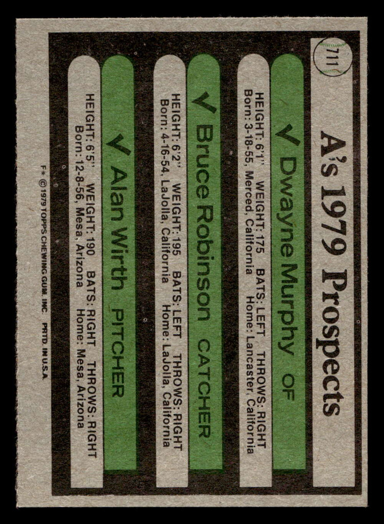1979 Topps #711 Dwayne Murphy/Bruce Robinson/Alan Wirth A's Prospects Near Mint+ RC Rookie 