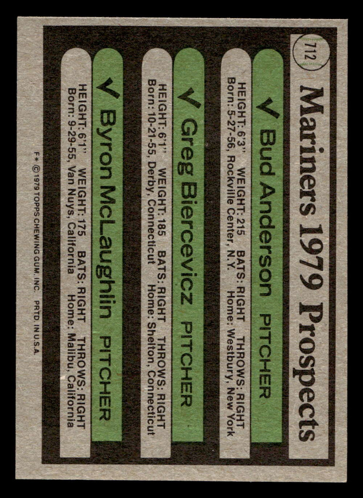1979 Topps #712 Bud Anderson/Greg Biercevicz/Byron McLaughlin Mariners Prospects Near Mint RC Rookie  ID: 515252