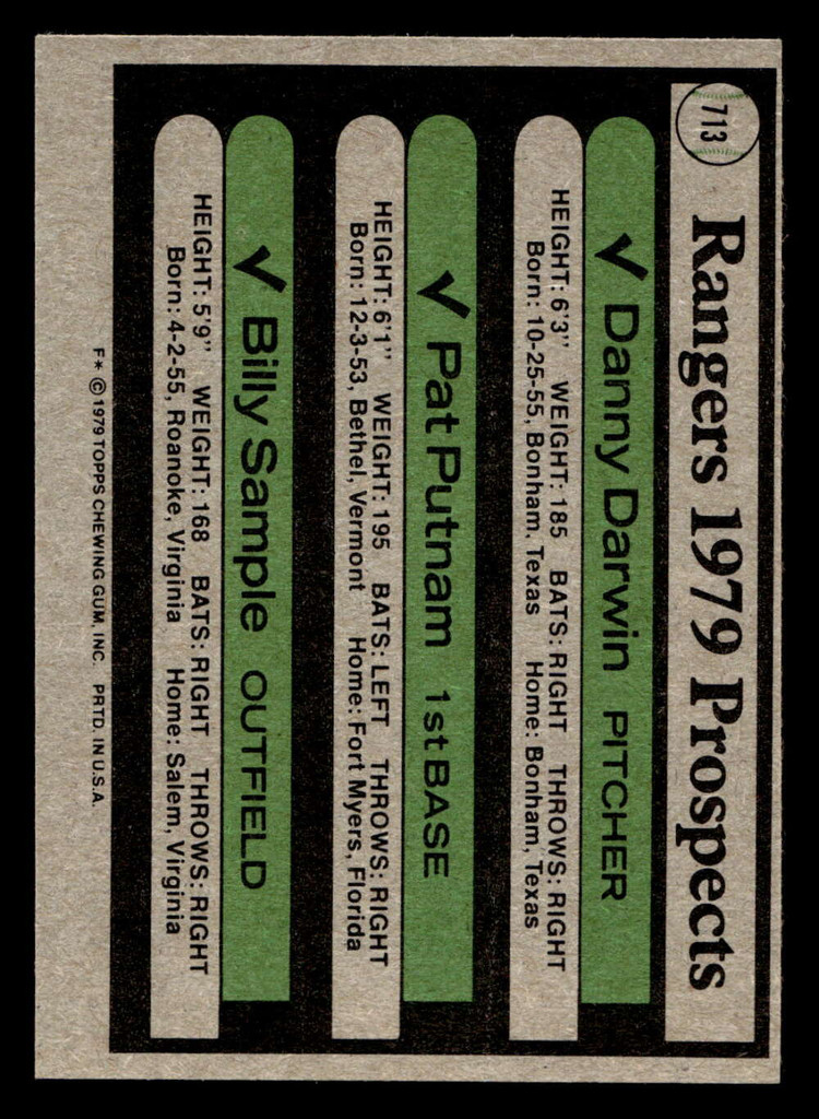 1979 Topps #713 Danny Darwin/Pat Putnam/Billy Sample Rangers Prospects Near Mint RC Rookie  ID: 515253