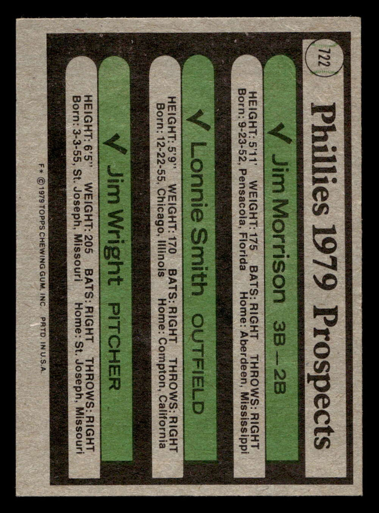 1979 Topps #722 Jim Morrison/Lonnie Smith/Jim Wright Phillies Prospects Ex-Mint RC Rookie 