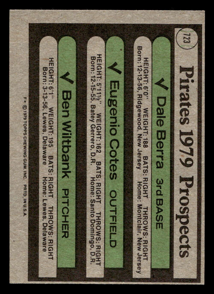 1979 Topps #723 Dale Berra/Eugenio Cotes/Ben Wiltbank Pirates Prospects Near Mint RC Rookie  ID: 515263