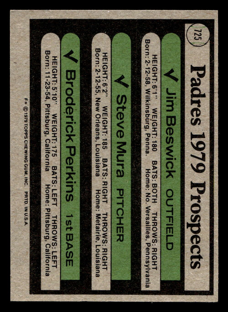 1979 Topps #725 Jim Beswick/Steve Mura/Broderick Perkins Padres Prospects Near Mint RC Rookie  ID: 515265