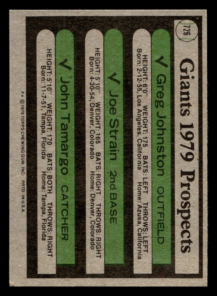 1979 Topps #726 Greg Johnston/Joe Strain/John Tamargo Giants Prospects Near Mint RC Rookie  ID: 515266