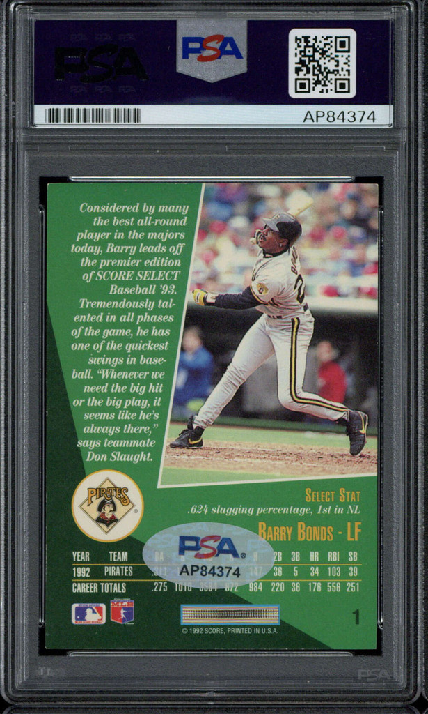 Barry Bonds 1993 Score Select #1 Signed Auto PSA/DNA Slab Pirates