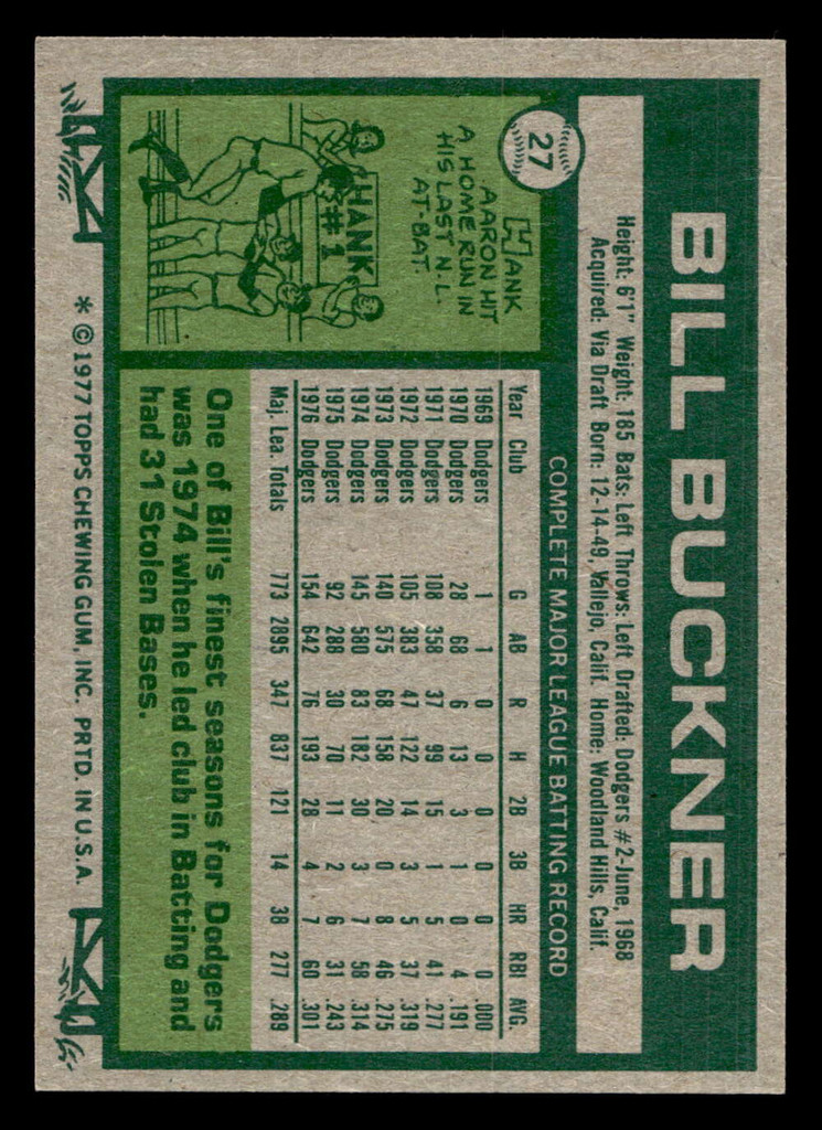 1977 Topps #27 Bill Buckner Near Mint  ID: 515392