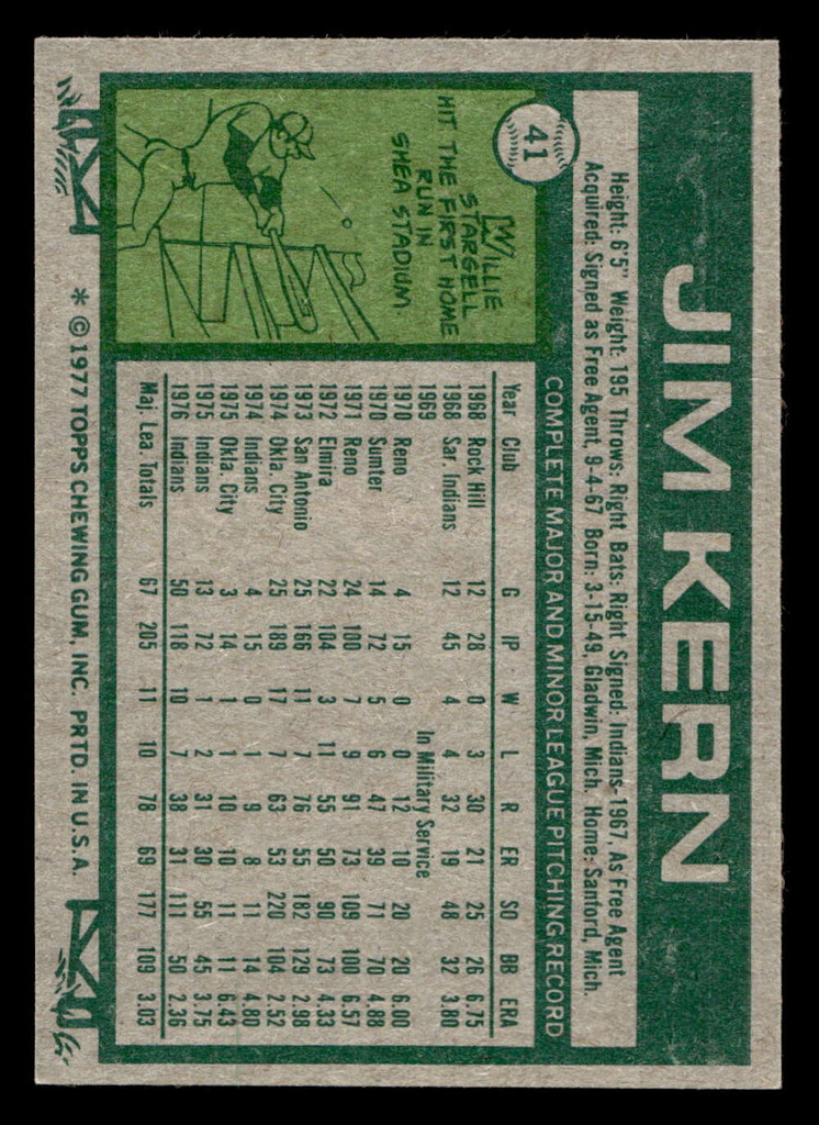 1977 Topps #41 Jim Kern Near Mint  ID: 515450