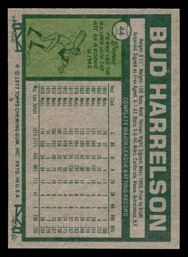 1977 Topps #44 Bud Harrelson Near Mint  ID: 515463