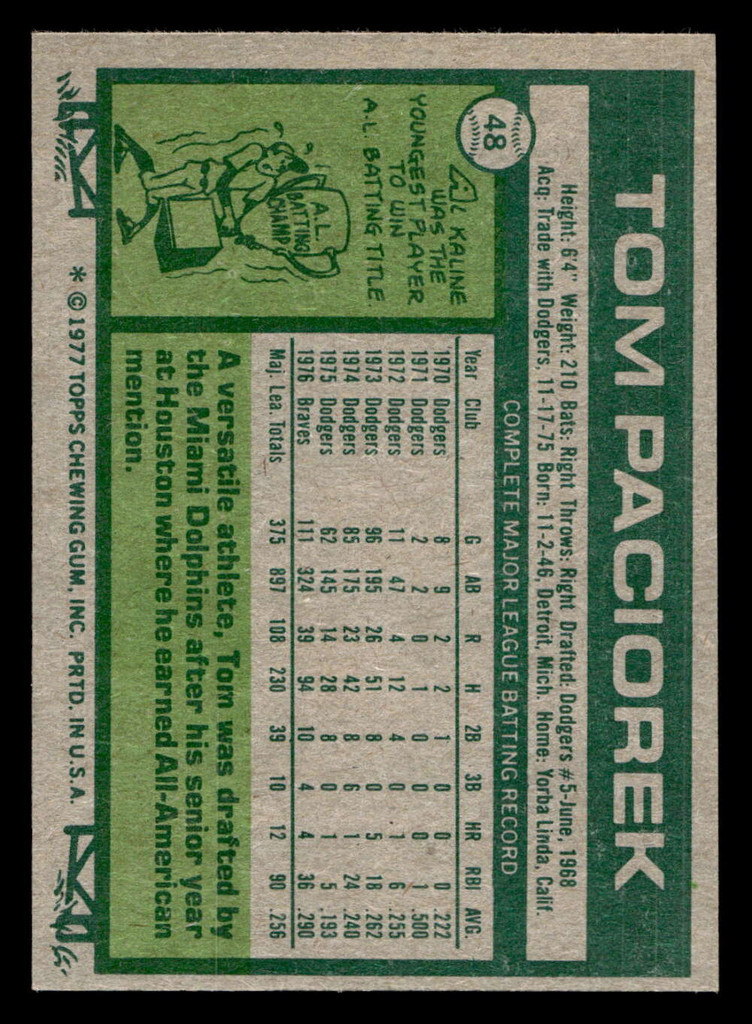 1977 Topps #48 Tom Paciorek Near Mint  ID: 515479