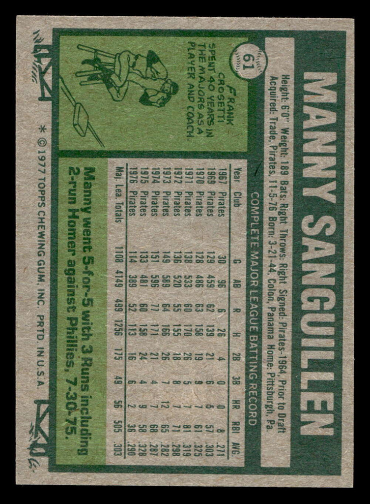 1977 Topps #61 Manny Sanguillen Near Mint+  ID: 515527
