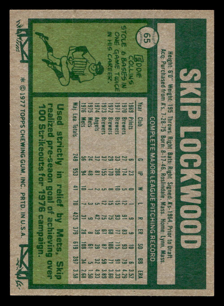 1977 Topps #65 Skip Lockwood Near Mint  ID: 516014