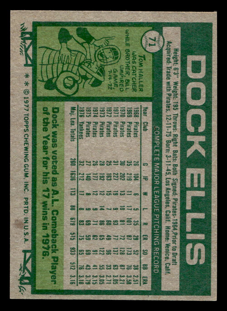 1977 Topps #71 Dock Ellis Near Mint  ID: 516038