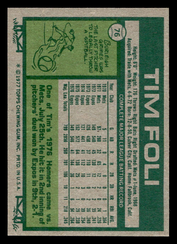 1977 Topps #76 Tim Foli Very Good  ID: 516057