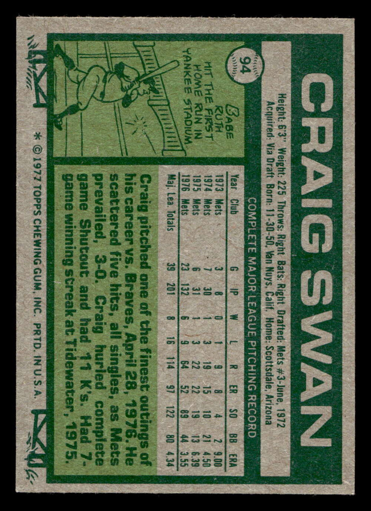 1977 Topps #94 Craig Swan Ex-Mint 