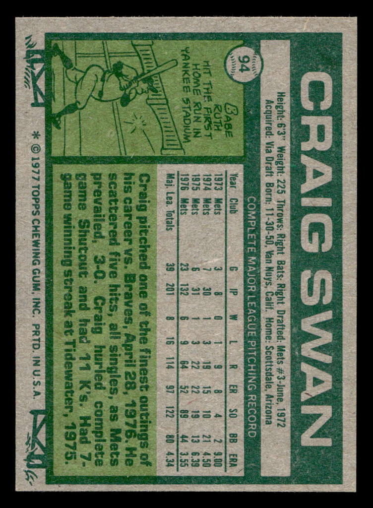 1977 Topps #94 Craig Swan Near Mint  ID: 516132