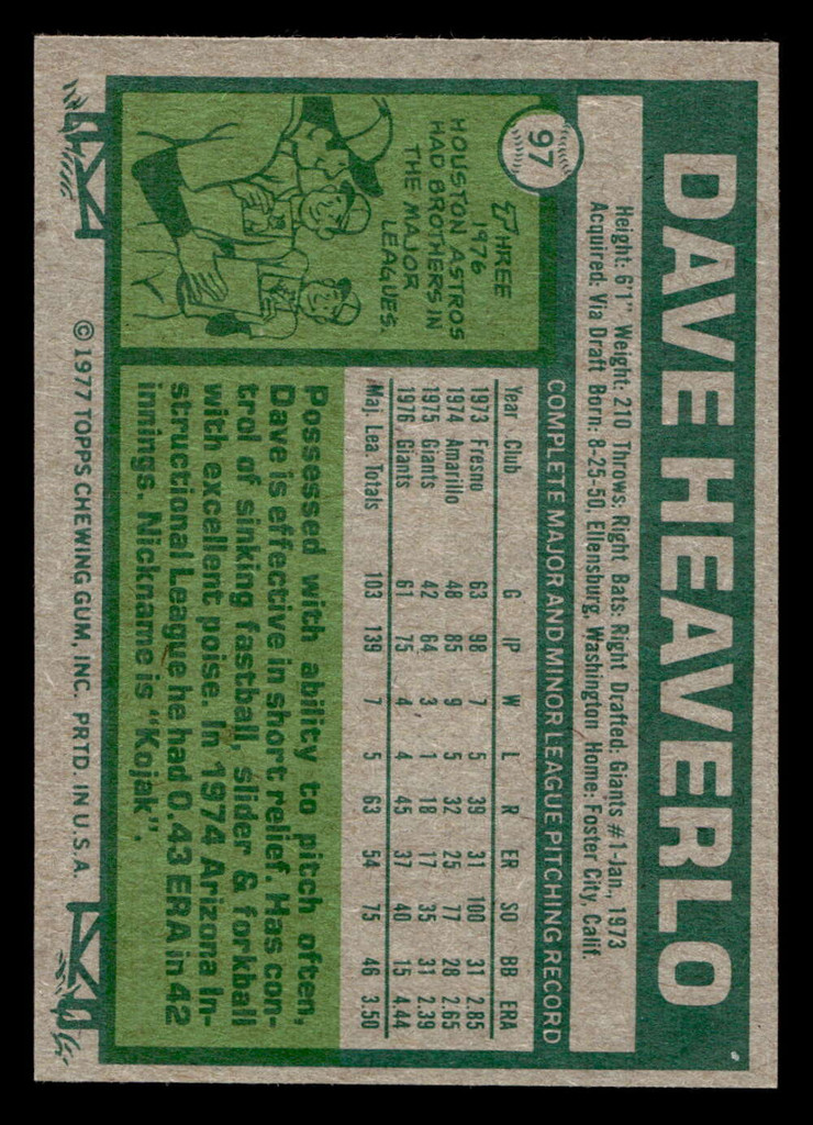 1977 Topps #97 Dave Heaverlo Near Mint  ID: 516142