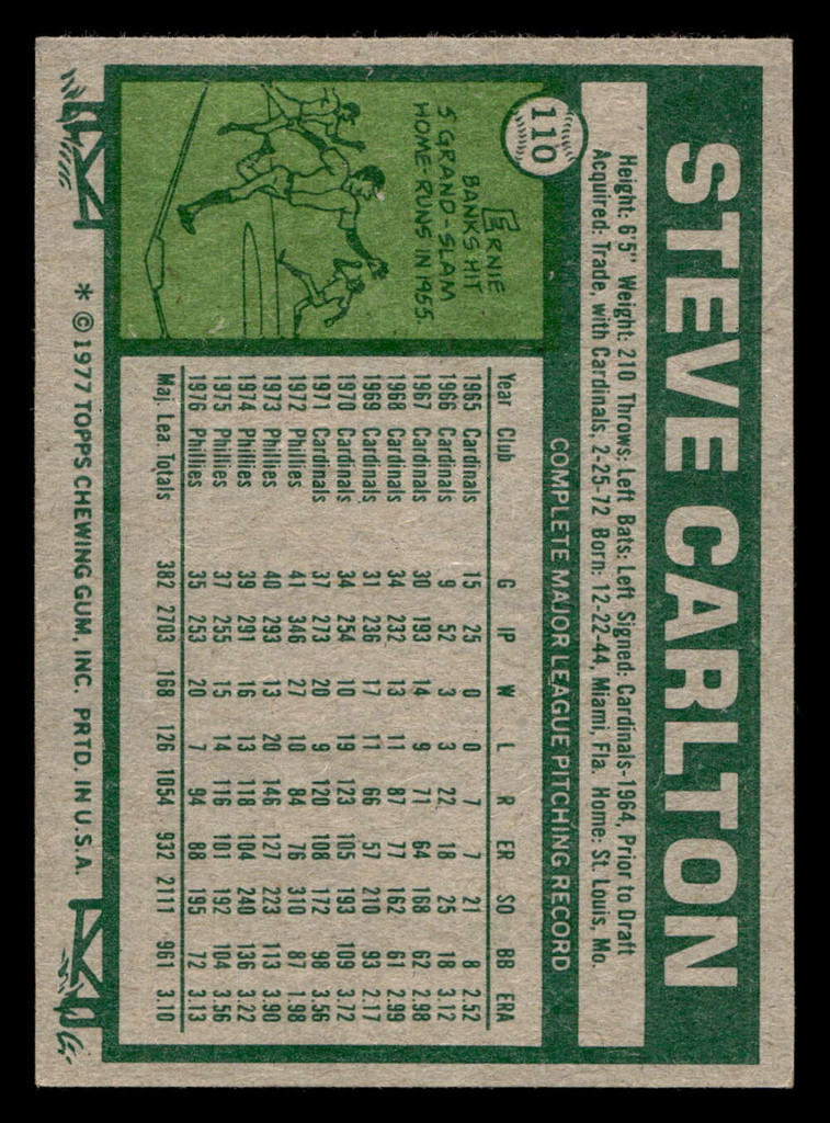 1977 Topps #110 Steve Carlton Ex-Mint  ID: 516195