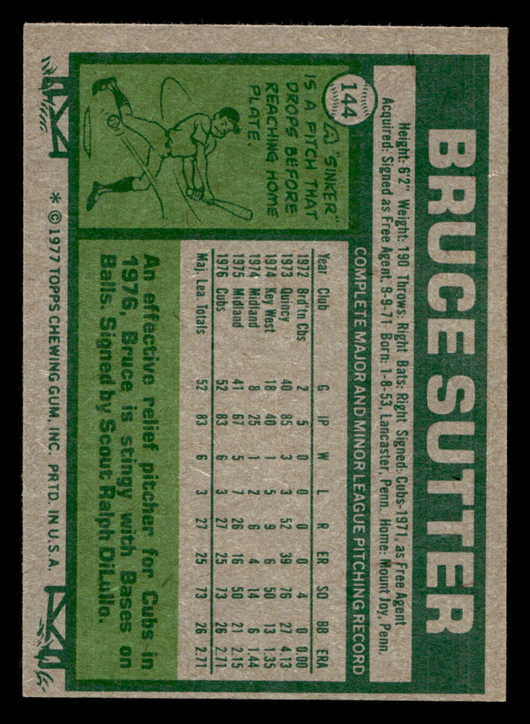 1977 Topps #144 Bruce Sutter Near Mint RC Rookie  ID: 516338