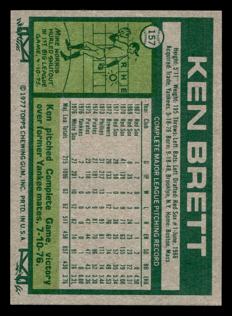1977 Topps #157 Ken Brett Ex-Mint 