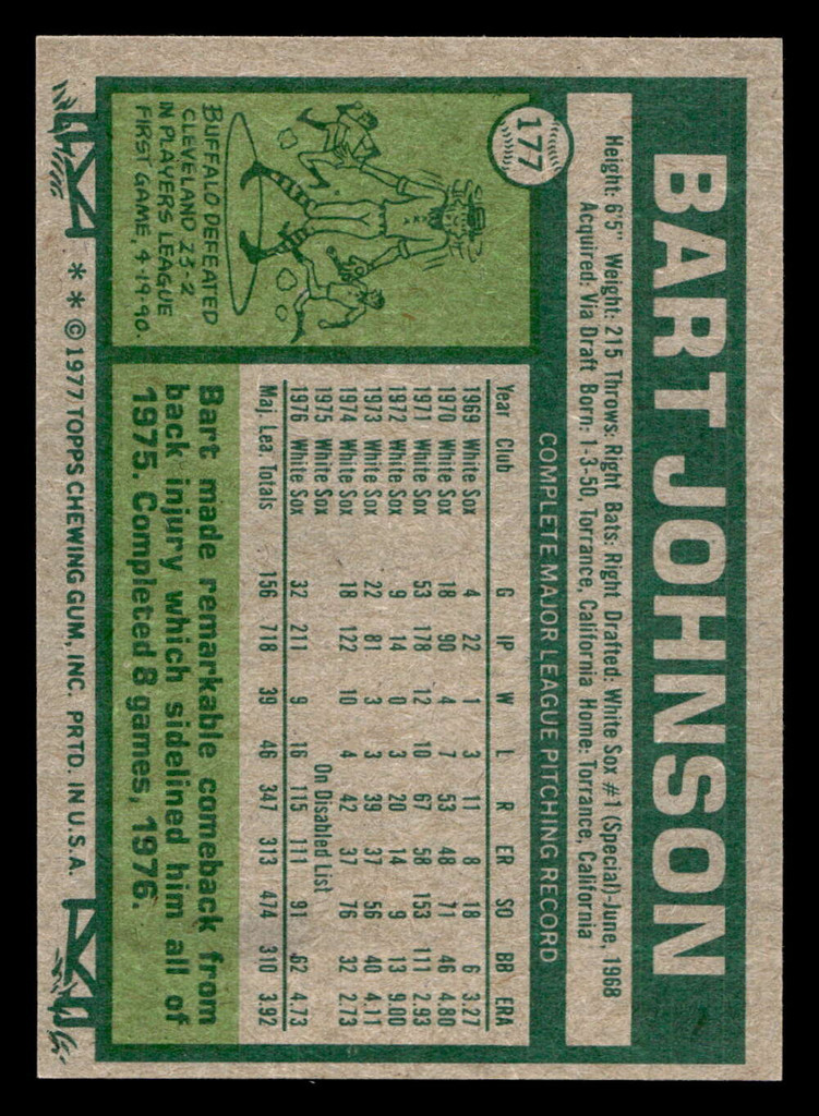1977 Topps #177 Bart Johnson Near Mint  ID: 516465