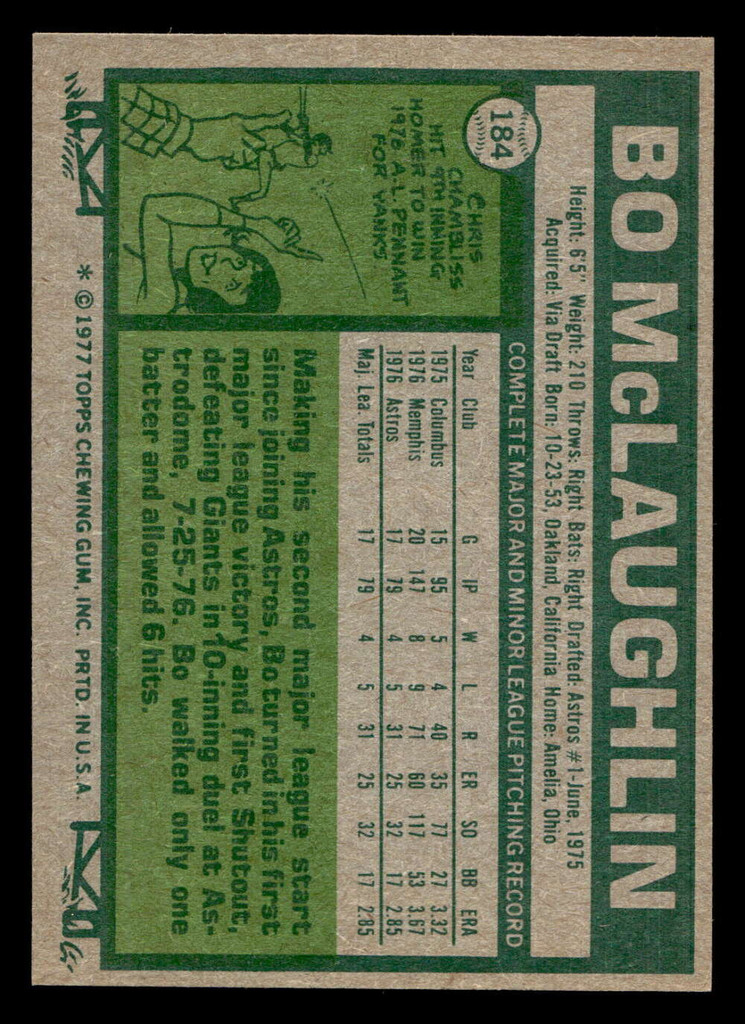 1977 Topps #184 Bo McLaughlin Near Mint RC Rookie  ID: 516492