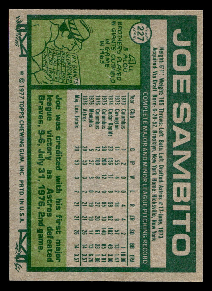 1977 Topps #227 Joe Sambito Ex-Mint RC Rookie 
