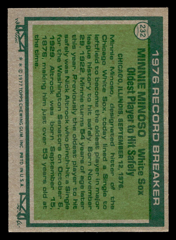 1977 Topps #232 Minnie Minoso RB Near Mint  ID: 516683