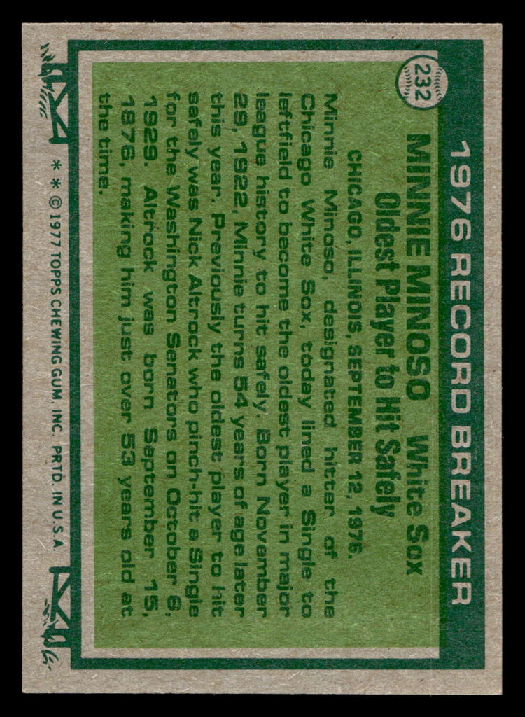1977 Topps #232 Minnie Minoso RB Near Mint  ID: 516684