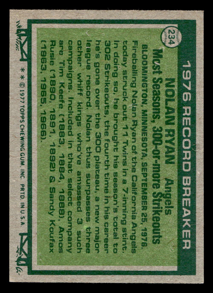 1977 Topps #234 Nolan Ryan RB Ex-Mint  ID: 516693