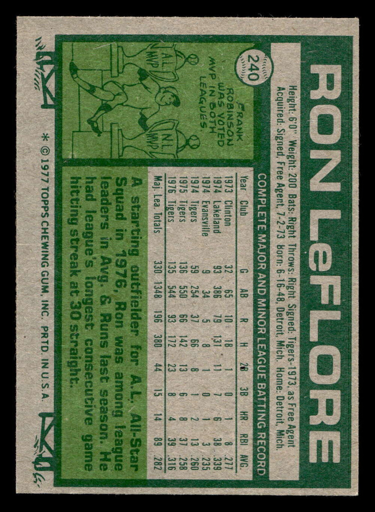 1977 Topps #240 Ron LeFlore Near Mint  ID: 516715