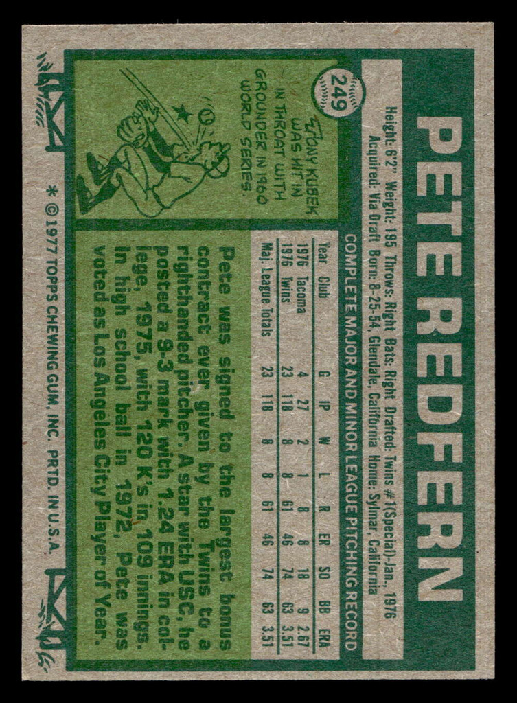 1977 Topps #249 Pete Redfern Near Mint RC Rookie  ID: 516751