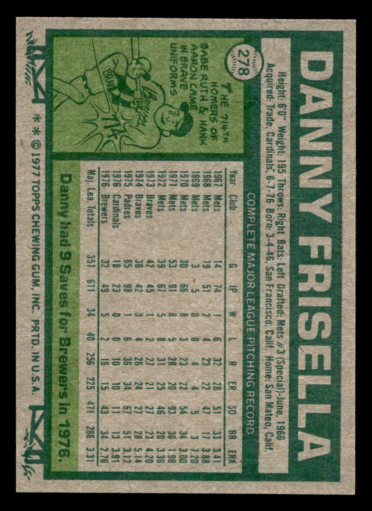 1977 Topps #278 Danny Frisella Near Mint+  ID: 516865