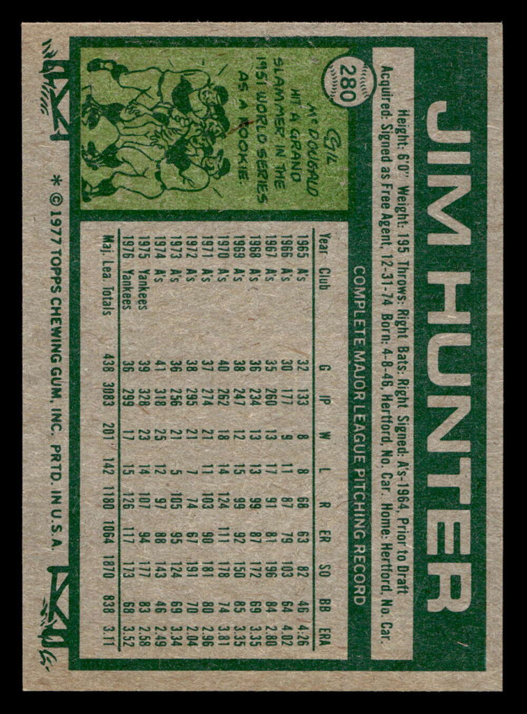 1977 Topps #280 Jim Hunter Ex-Mint  ID: 516873