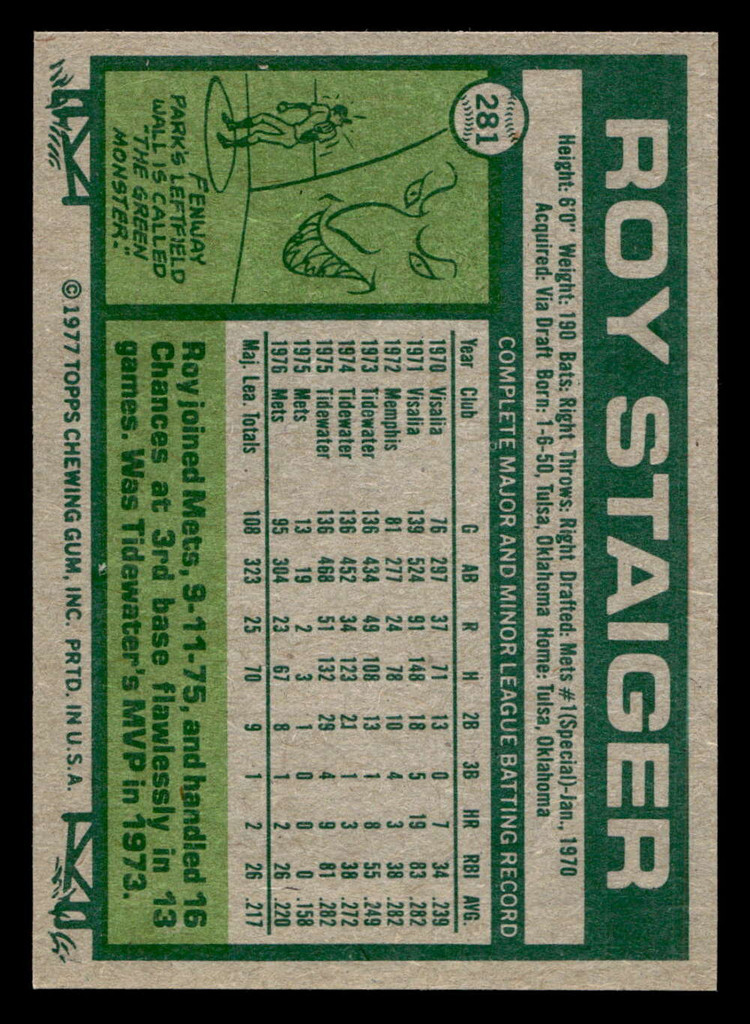 1977 Topps #281 Roy Staiger Near Mint+  ID: 516878