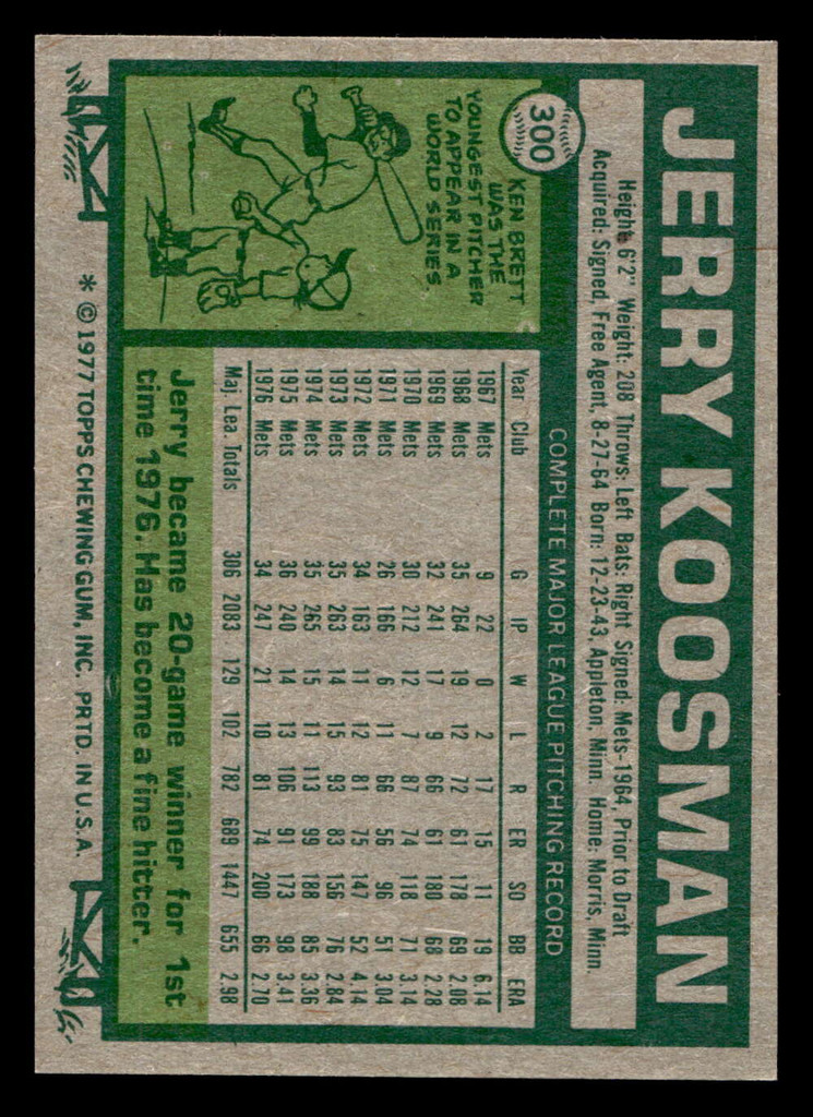 1977 Topps #300 Jerry Koosman Near Mint  ID: 516950