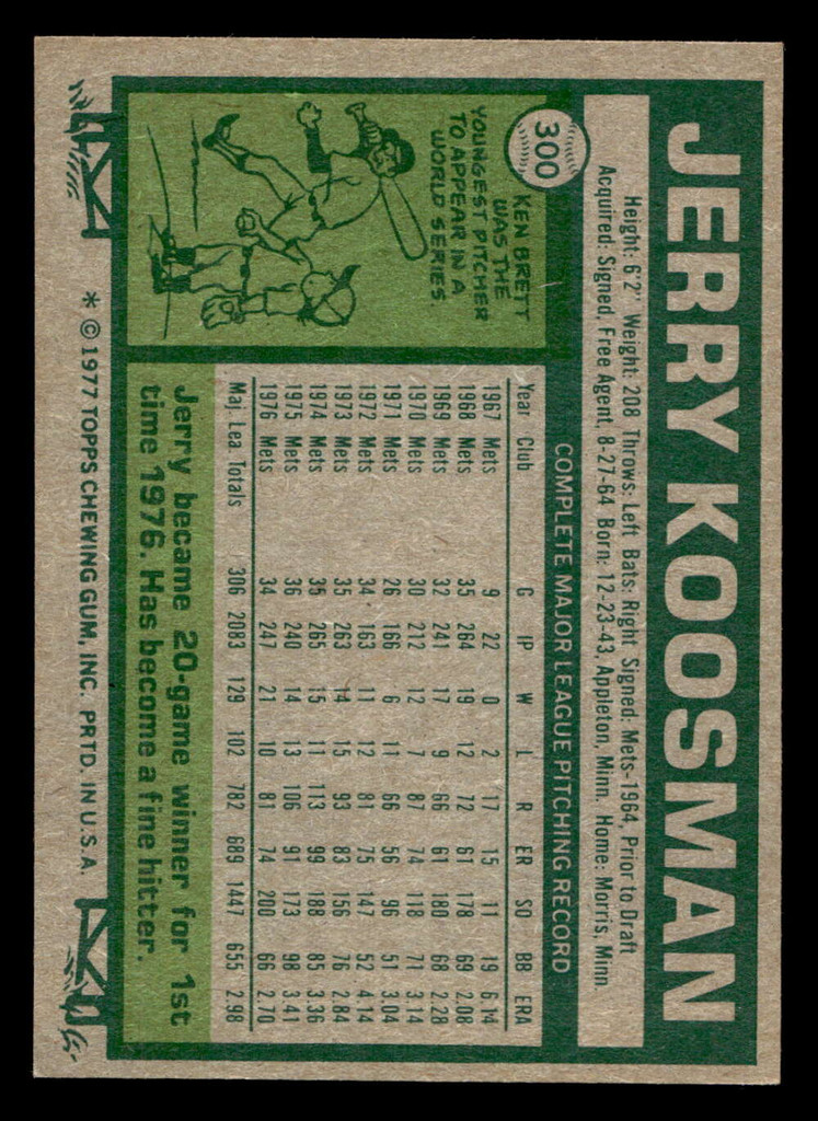 1977 Topps #300 Jerry Koosman Ex-Mint 