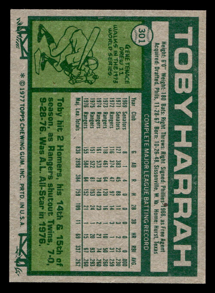 1977 Topps #301 Toby Harrah Ex-Mint 