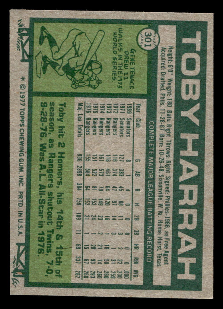 1977 Topps #301 Toby Harrah Near Mint  ID: 516954