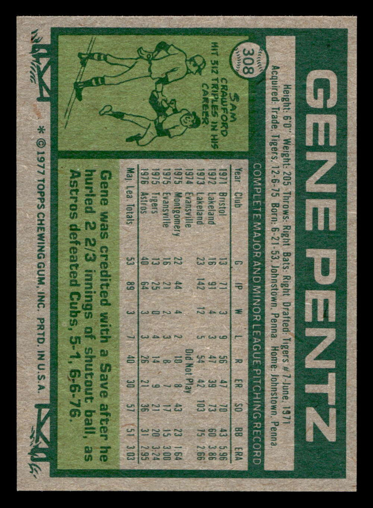 1977 Topps #308 Gene Pentz Near Mint RC Rookie  ID: 516983